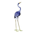 Blue and gold metal heron garden accent with long legs on a white background.