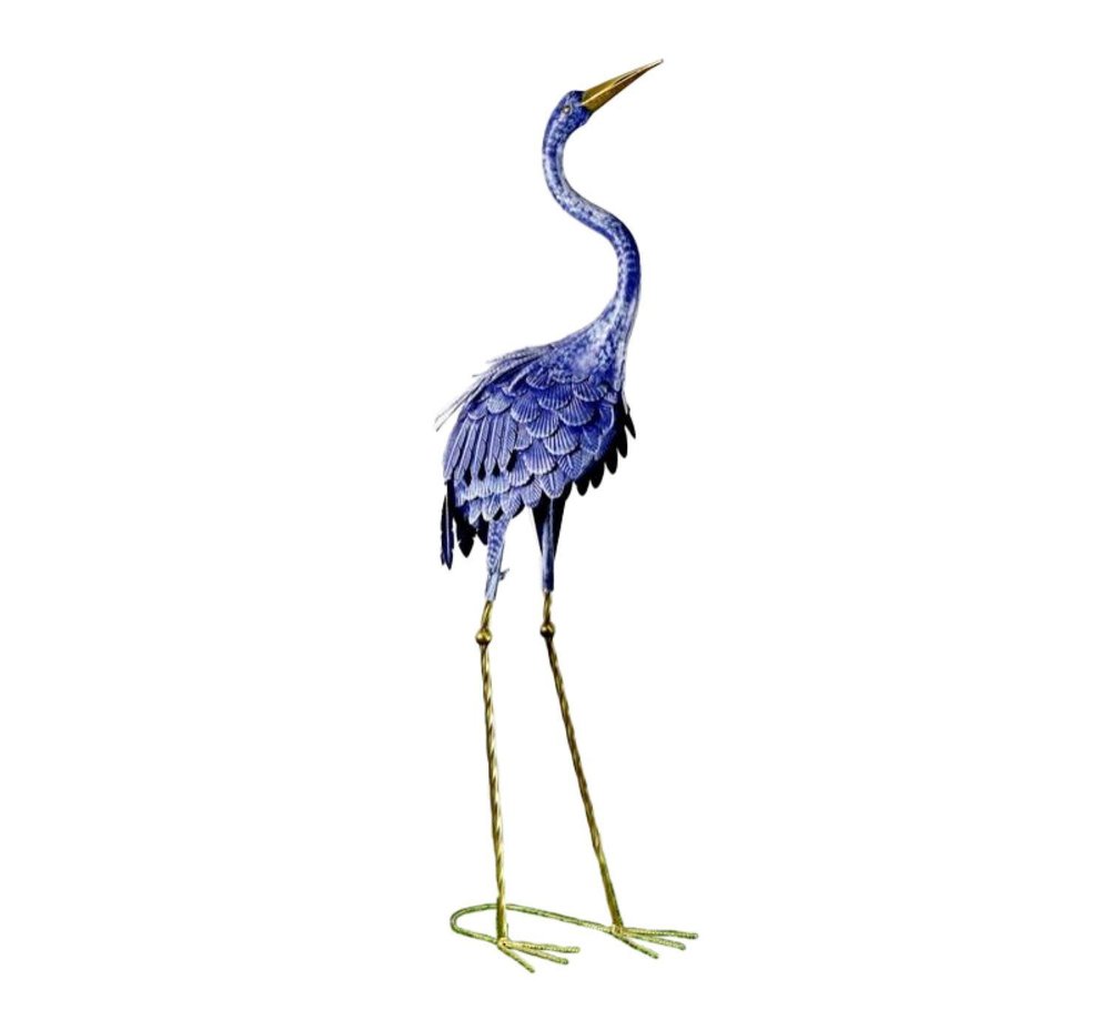 Blue and gold metal heron garden accent with long legs on a white background.