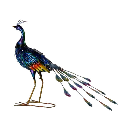 Metal peacock garden accent with iridescent purple and blue finish, standing on thin legs against a white background.