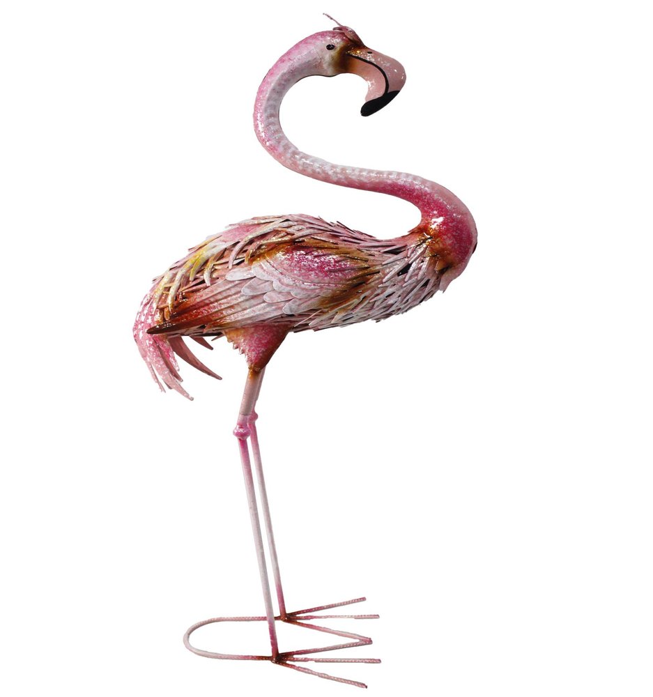 Pink and yellow metal flamingo garden accent with a white background.