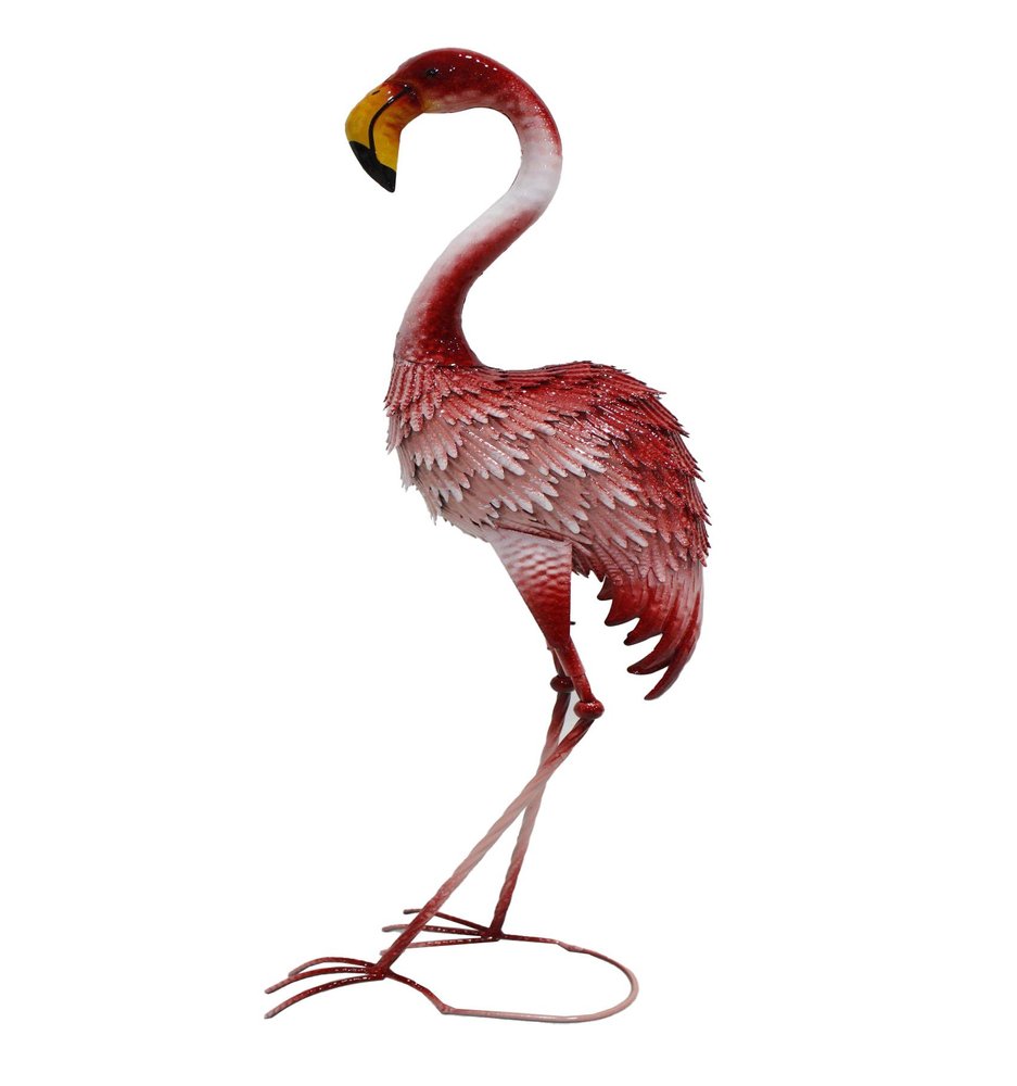 A red and white metal flamingo garden accent with a yellow beak stands on thin legs against a white background.