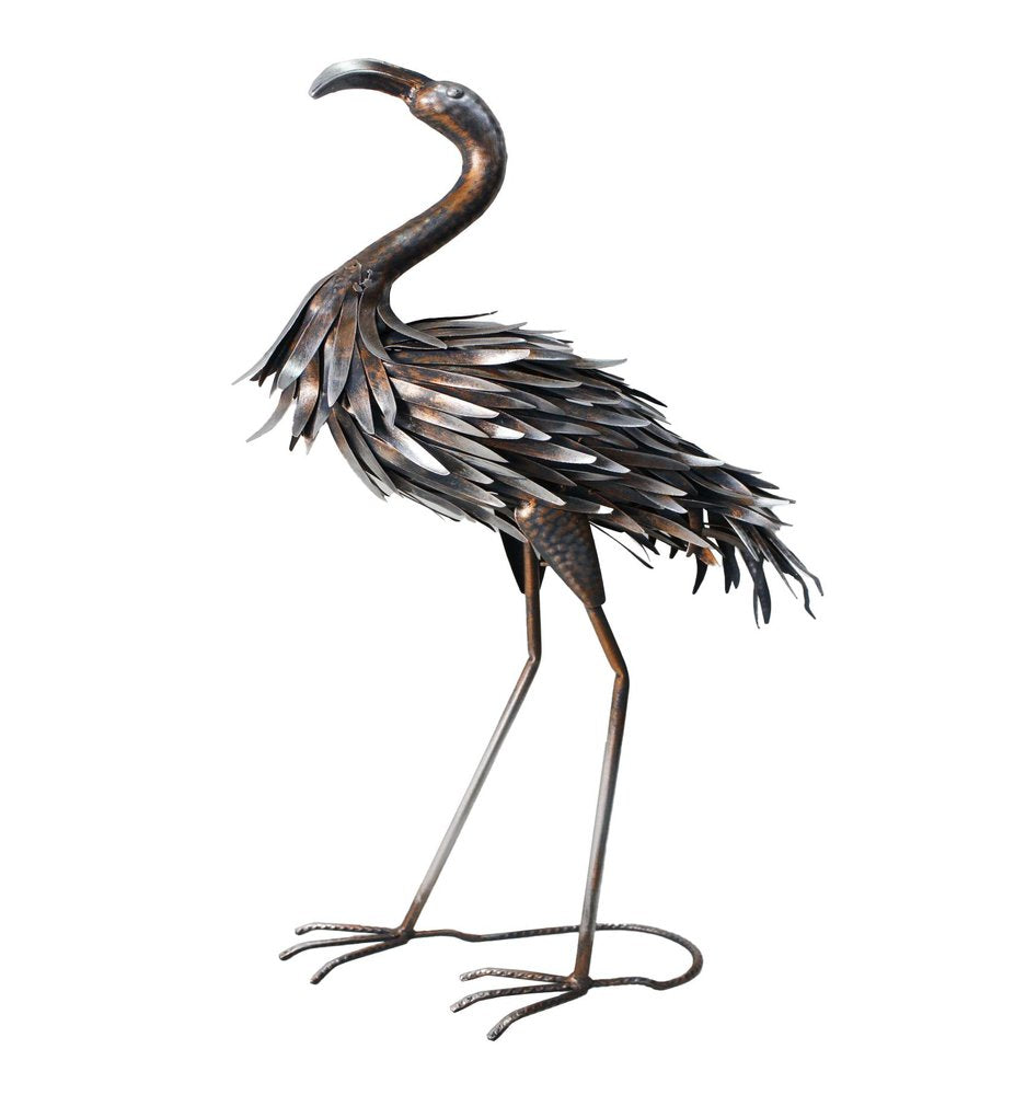 Copper and silver metal flamingo garden sculpture with detailed feather texture on a white background.