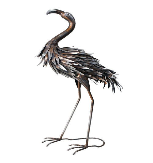 Copper and silver metal flamingo garden sculpture with detailed feather texture on a white background.