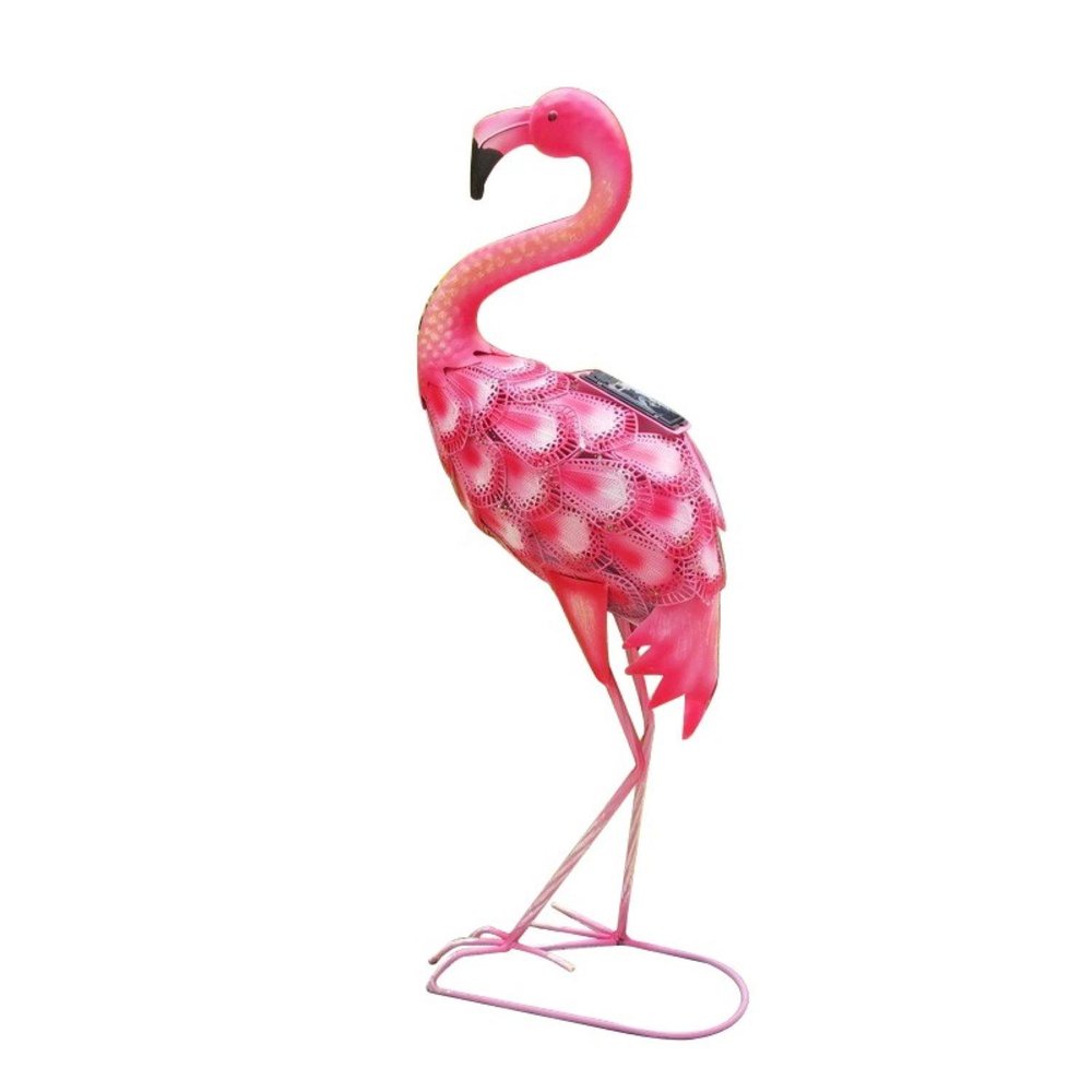 Pink metal flamingo garden accent with solar LED lights, featuring a decorative feathered body and thin legs on a white background.