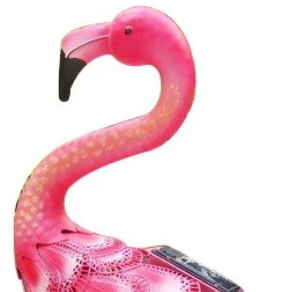 23" Pink Metal LED lights Flamingo Garden Accents Accessories. Outdoor accessories-decor-garden-game isolated on a plain white background, showing a pink metal surface.