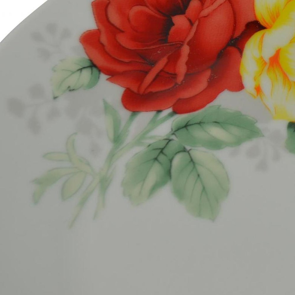 White Red And Yellow Sixteen Piece Round Flat Floral Medallion Ceramic Service For Four Dinnerware Set