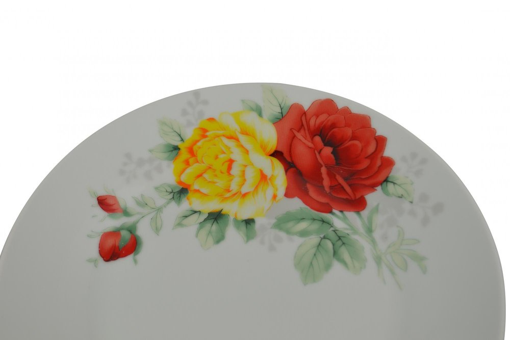 White Red And Yellow Sixteen Piece Round Flat Floral Medallion Ceramic Service For Four Dinnerware Set