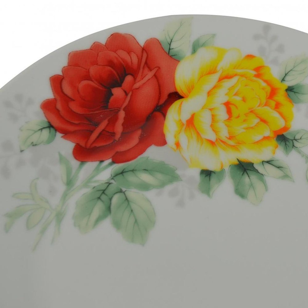 White Red And Yellow Sixteen Piece Round Flat Floral Medallion Ceramic Service For Four Dinnerware Set