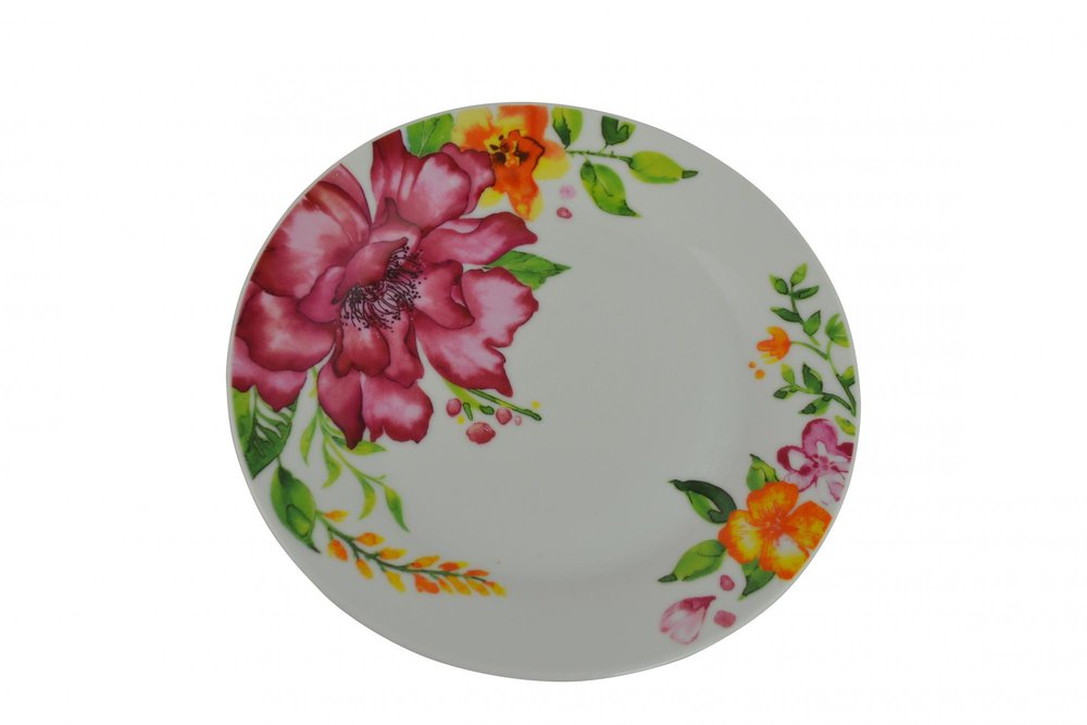 White ceramic dinner plate with a vibrant floral design featuring pink, orange, and yellow flowers and green leaves.
