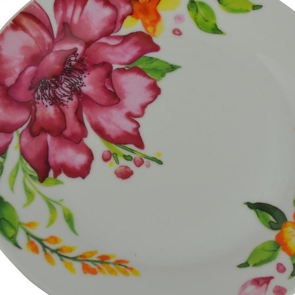 White And Pink Sixteen Piece Round Flat Floral Medallion Ceramic Service For Four Dinnerware Set