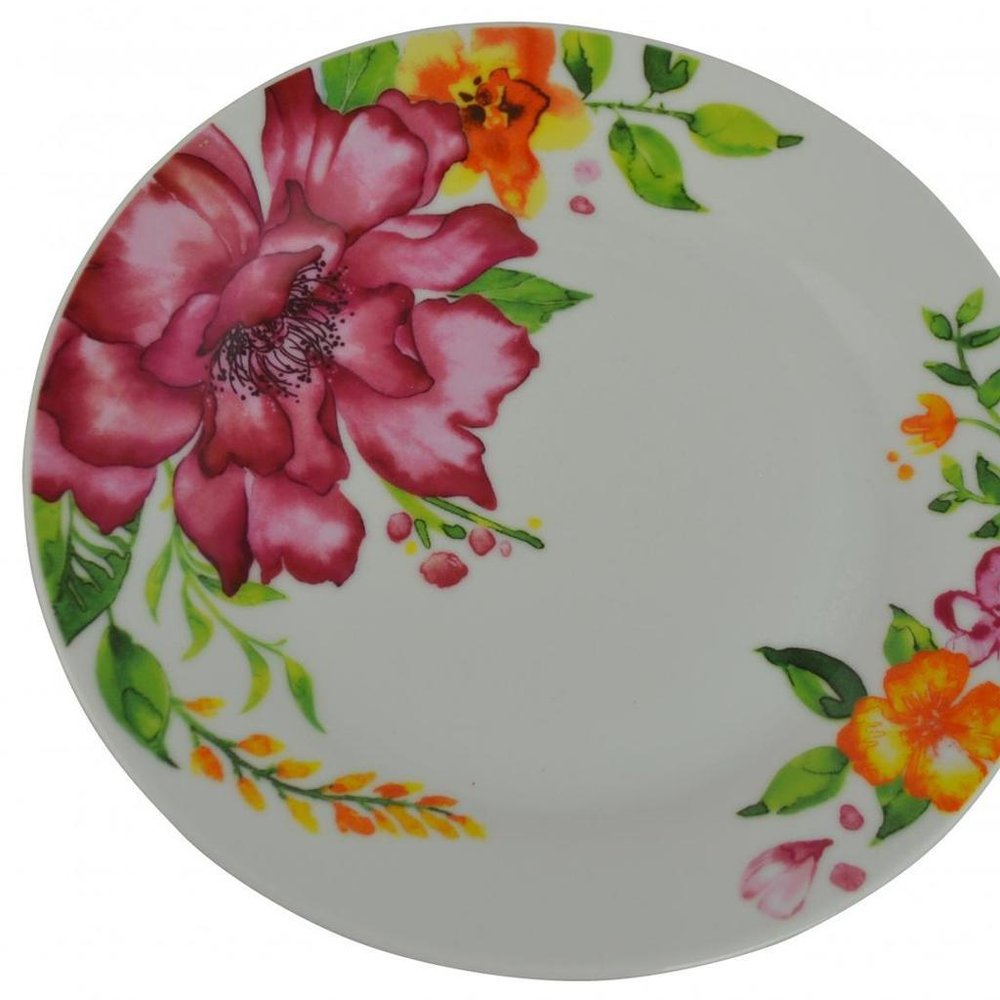 White And Pink Sixteen Piece Round Flat Floral Medallion Ceramic Service For Four Dinnerware Set