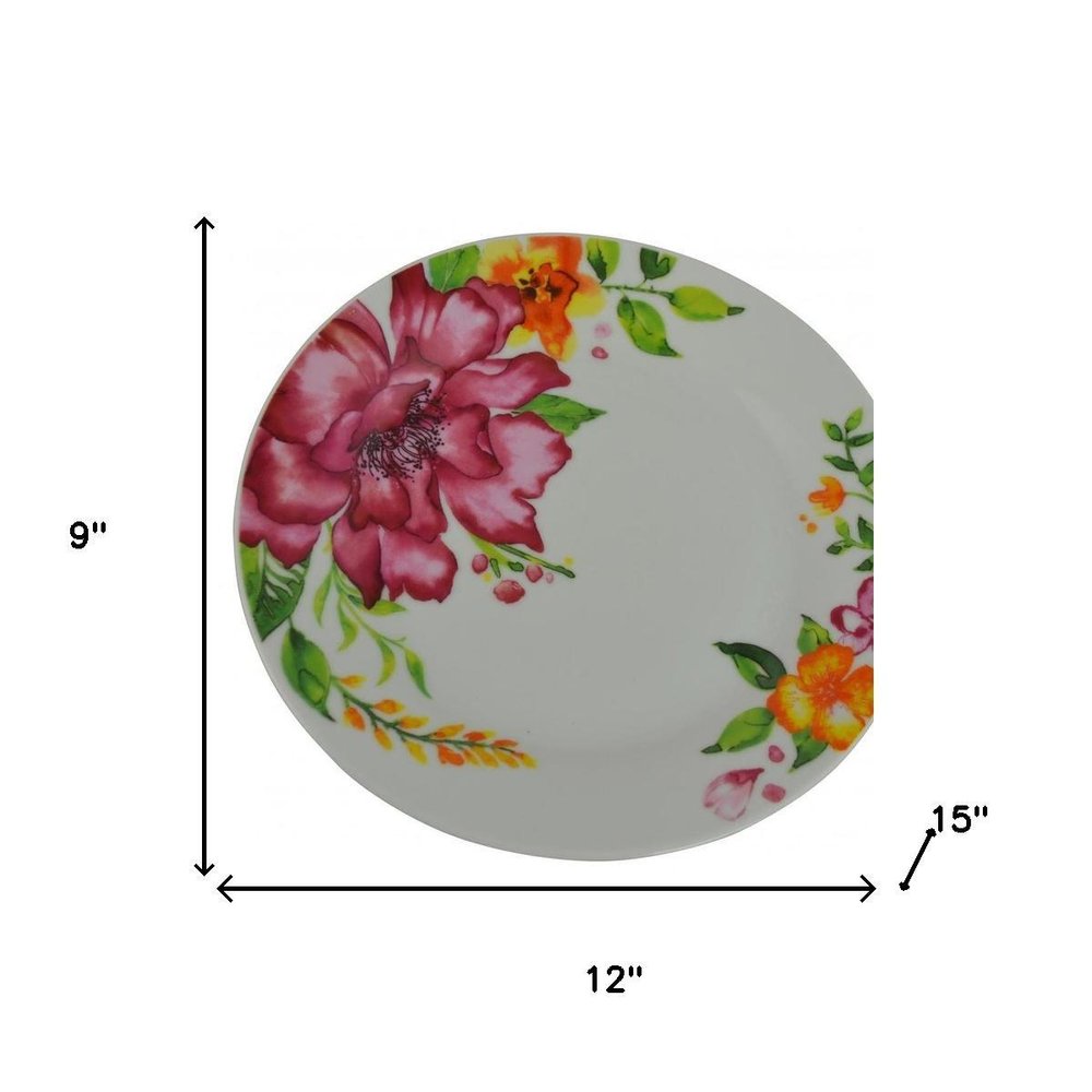 White And Pink Sixteen Piece Round Flat Floral Medallion Ceramic Service For Four Dinnerware Set