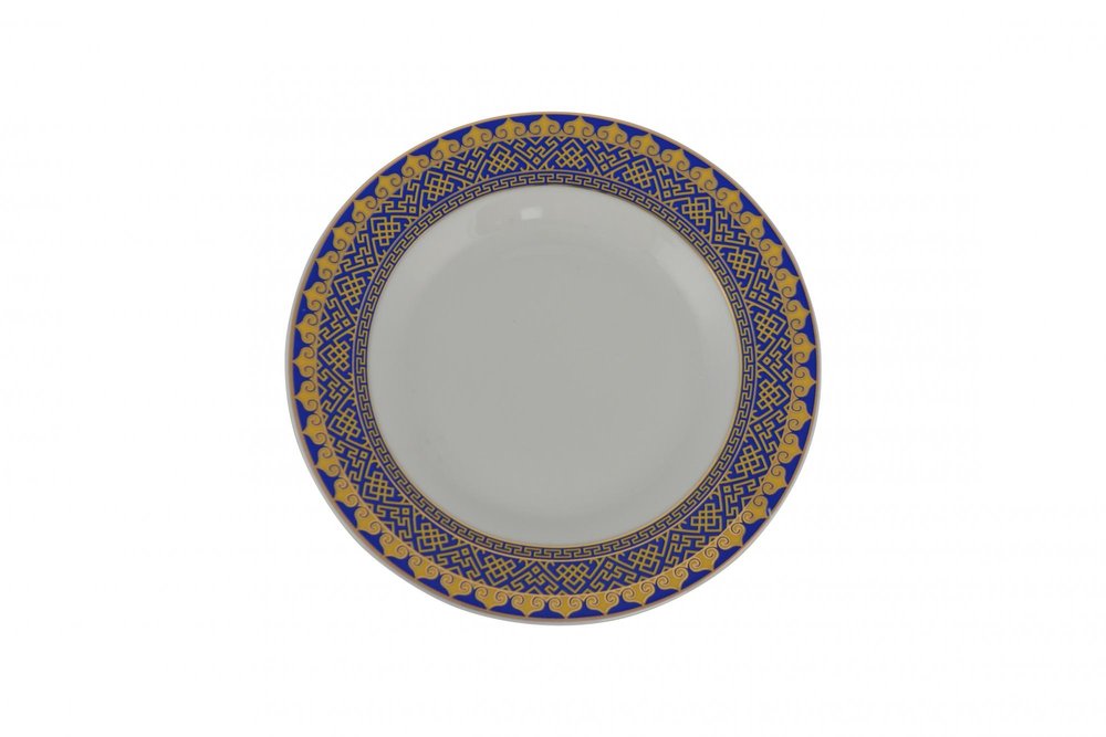 White Blue And Gold 40 Round Flat Abstract Ceramic Service For Eight Dinnerware Set on a white background