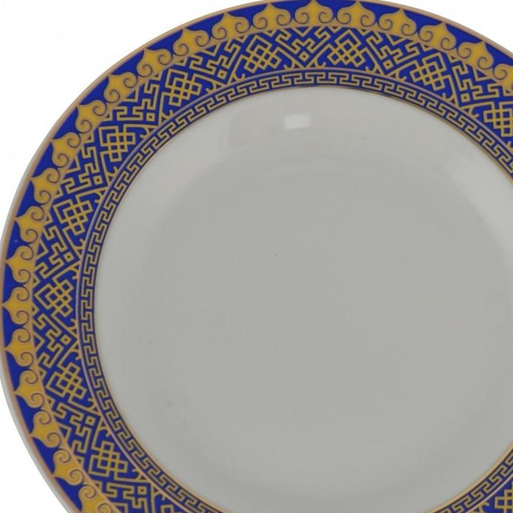 White Blue And Gold 40 Round Flat Abstract Ceramic Service For Eight Dinnerware Set close-up detail