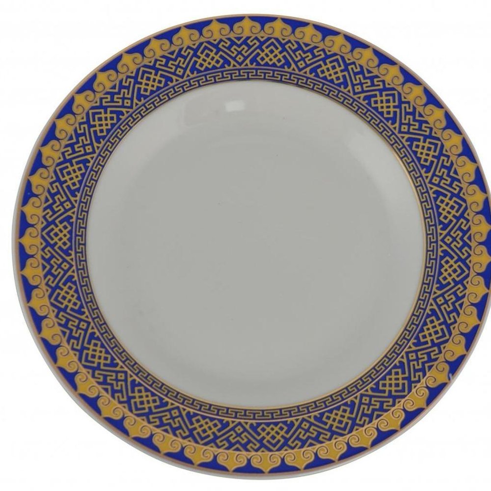 White Blue And Gold 40 Round Flat Abstract Ceramic Service For Eight Dinnerware Set on a white background