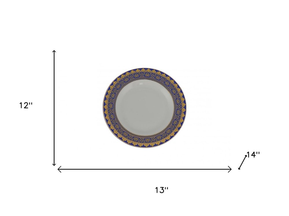 White Blue And Gold 40 Round Flat Abstract Ceramic Service For Eight Dinnerware Set on a white background
