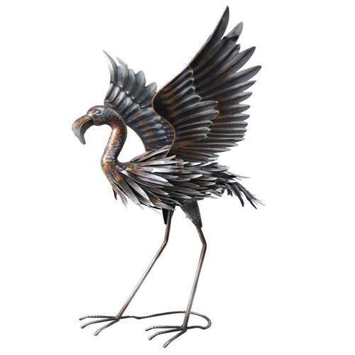 Copper and silver metal flamingo garden accent with wings spread, on a white background.