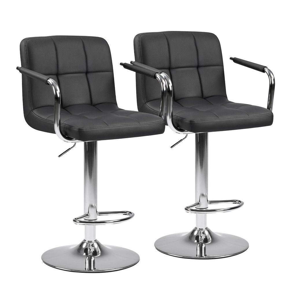Set of Two Gray and Silver Faux Leather and Aluminum Swivel Bar Chairs