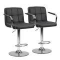 Set of Two Black And Silver Faux Leather And Aluminum Adjustable Height Swivel Bar Chairs on a white background