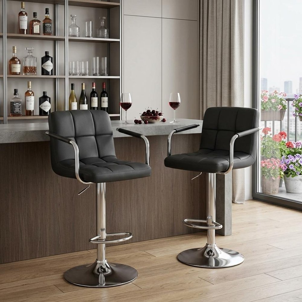 Set of Two Gray and Silver Faux Leather and Aluminum Swivel Bar Chairs