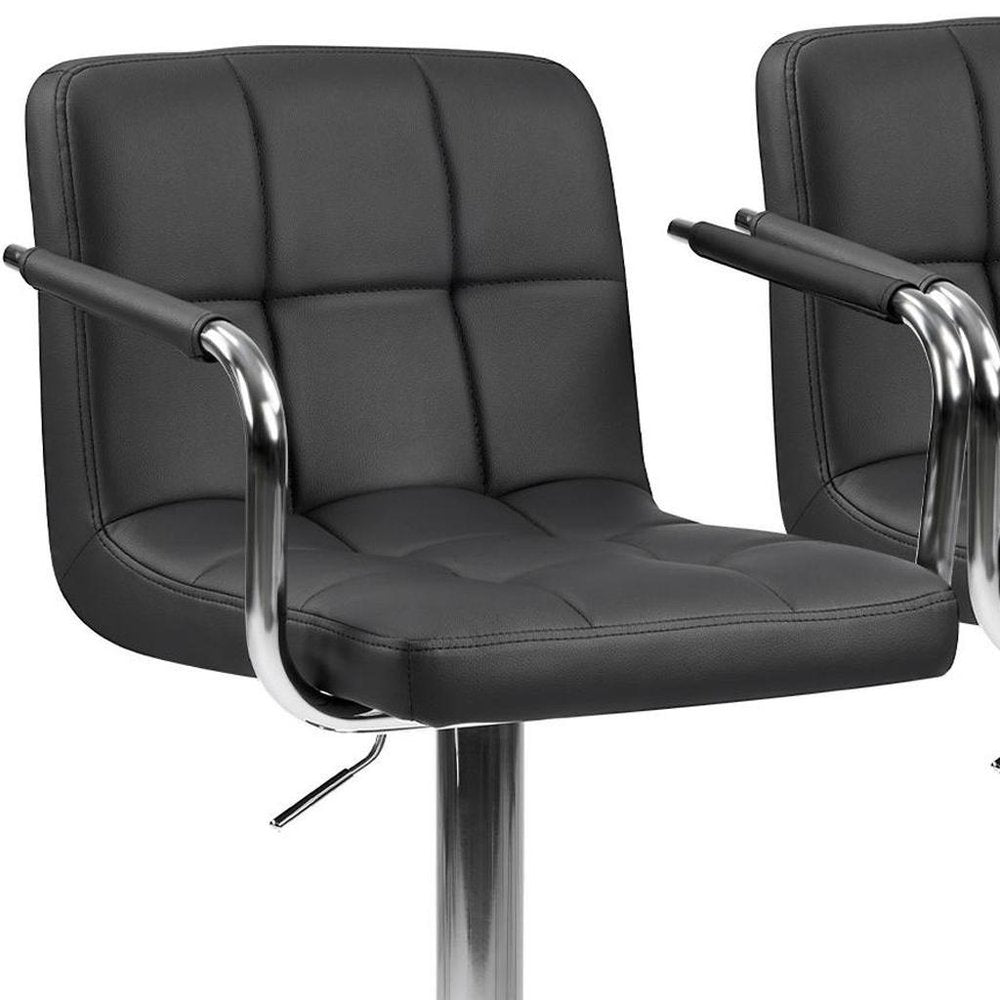 Set of Two Gray and Silver Faux Leather and Aluminum Swivel Bar Chairs