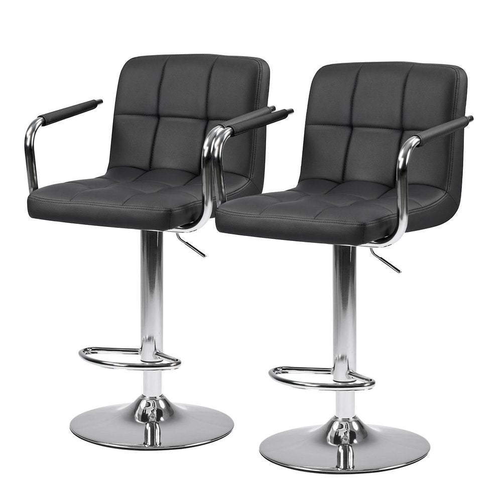 Set of Two Gray and Silver Faux Leather and Aluminum Swivel Bar Chairs