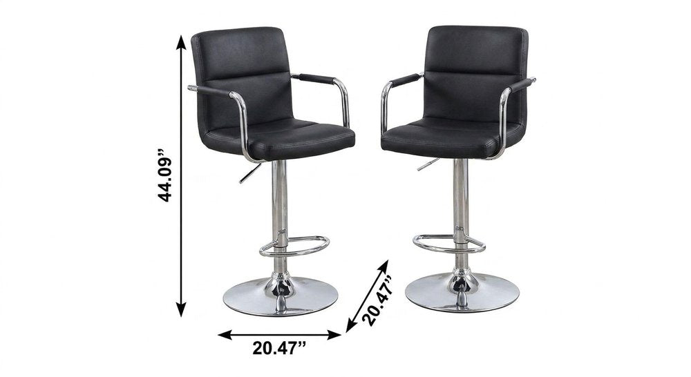 Set of Two Black And Silver Faux Leather And Aluminum Adjustable Height Swivel Bar Chairs on a white background