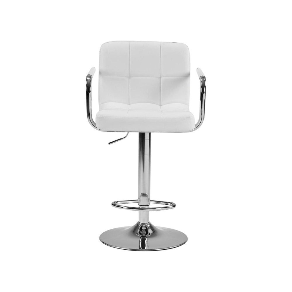 Set of Two Black And Silver Faux Leather And Aluminum Adjustable Height Swivel Bar Chairs on a white background