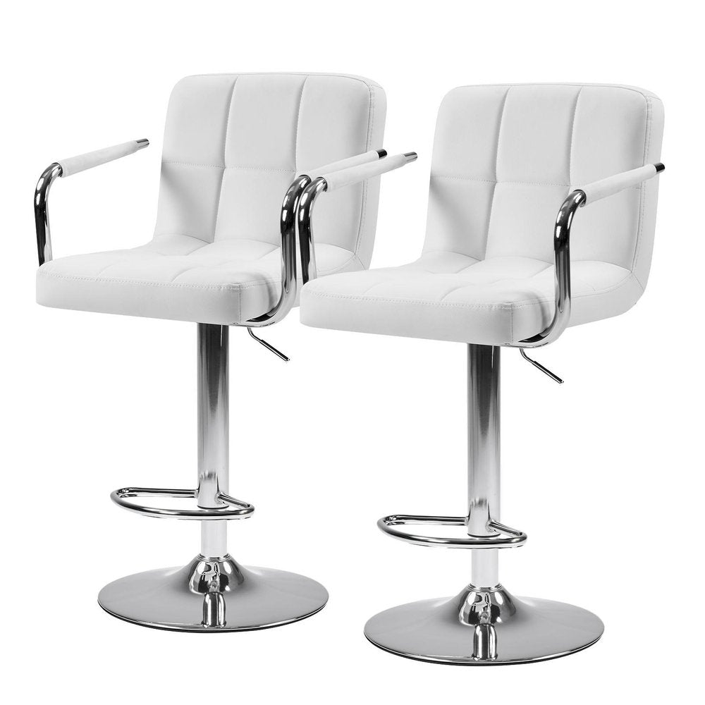 Set of Two Black And Silver Faux Leather And Aluminum Adjustable Height Swivel Bar Chairs on a white background