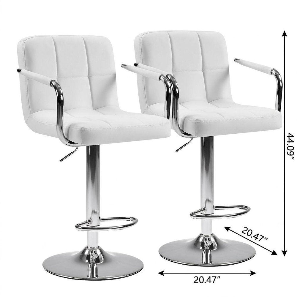 Set of Two Black And Silver Faux Leather And Aluminum Adjustable Height Swivel Bar Chairs on a white background