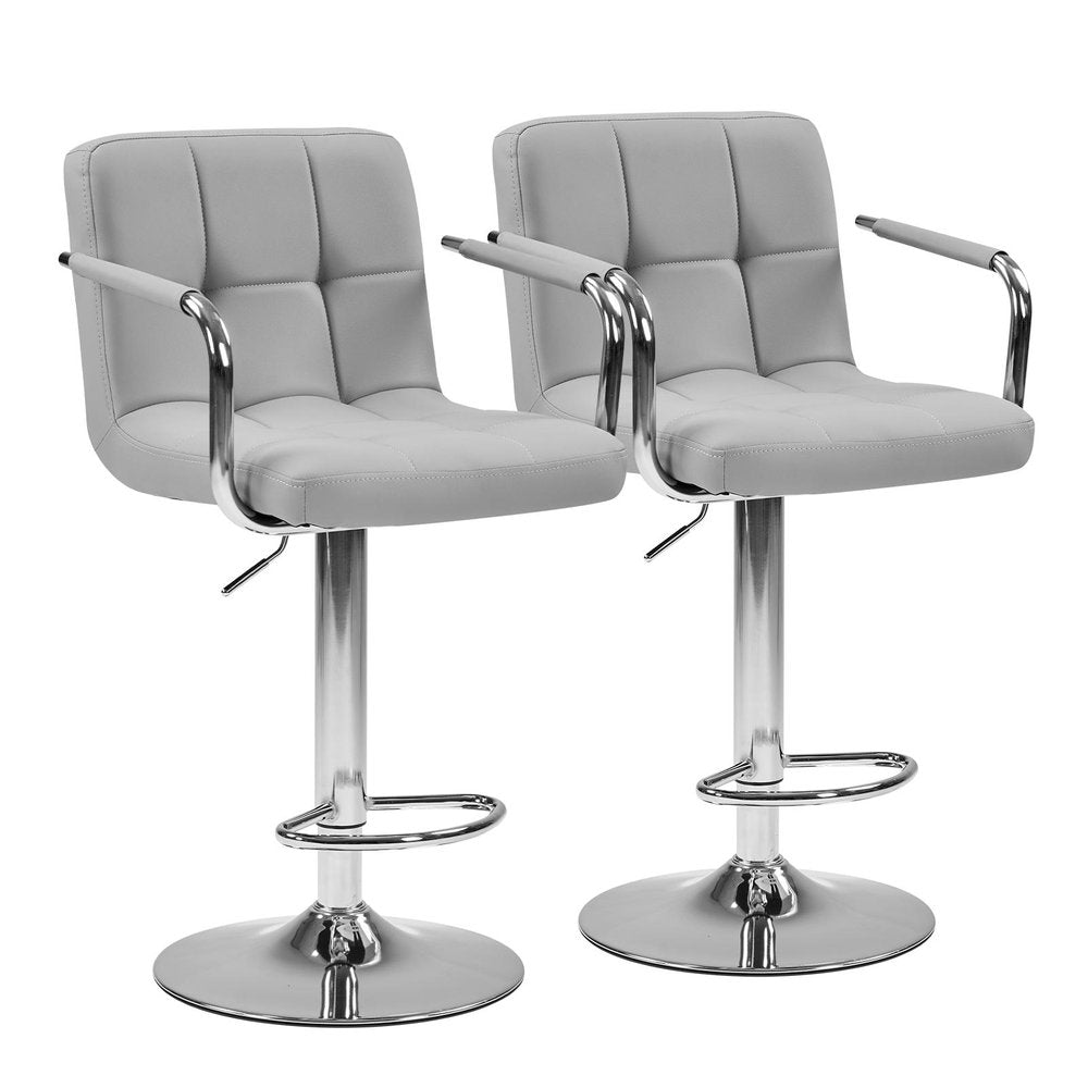 Set of Two Gray and Silver Faux Leather and Aluminum Swivel Bar Chairs