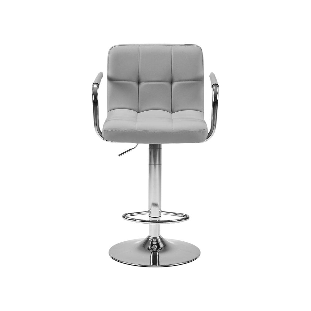 Set of Two Black And Silver Faux Leather And Aluminum Adjustable Height Swivel Bar Chairs on a white background