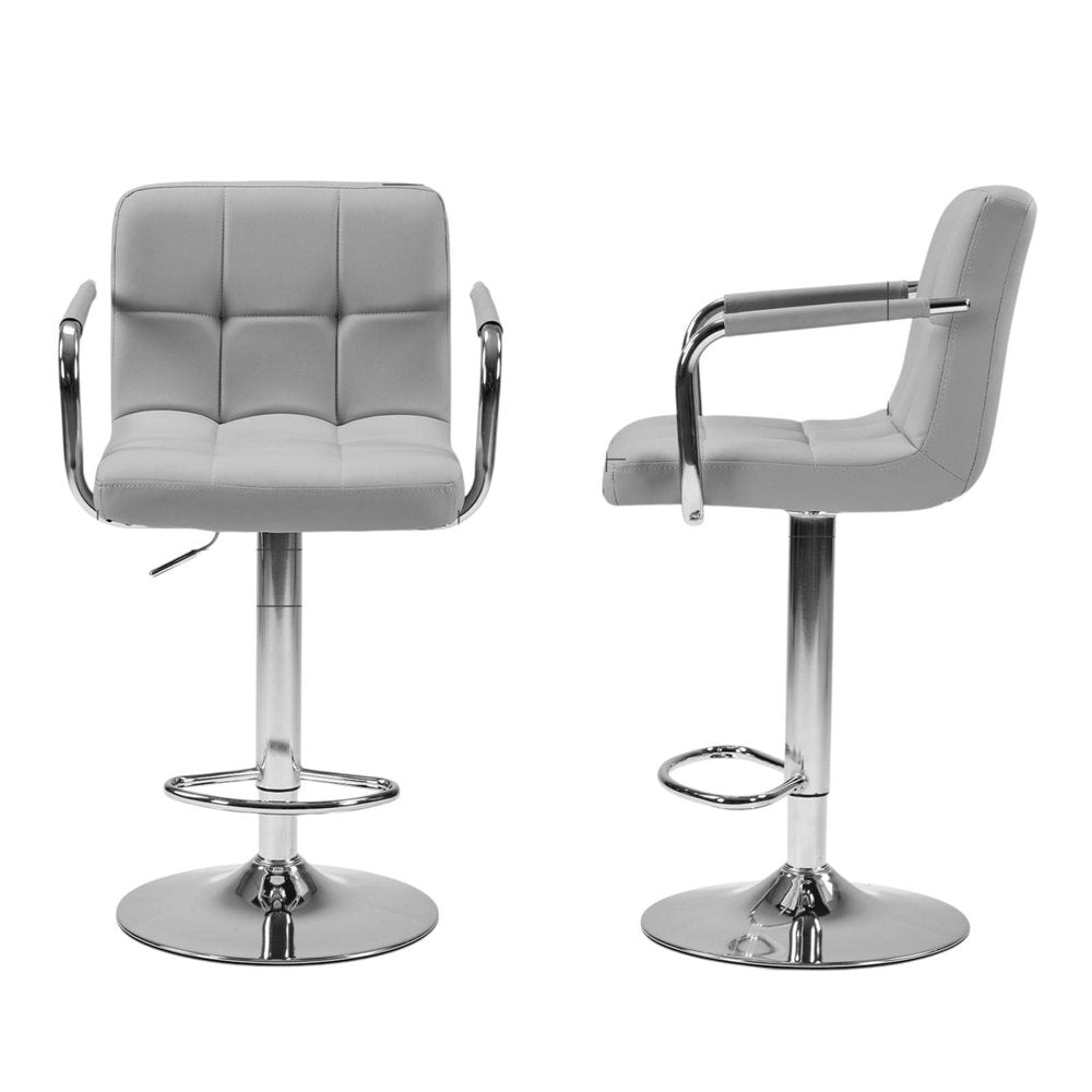 Set of Two Black and Silver Faux Leather and Aluminum Adjustable Height Swivel Bar Chairs