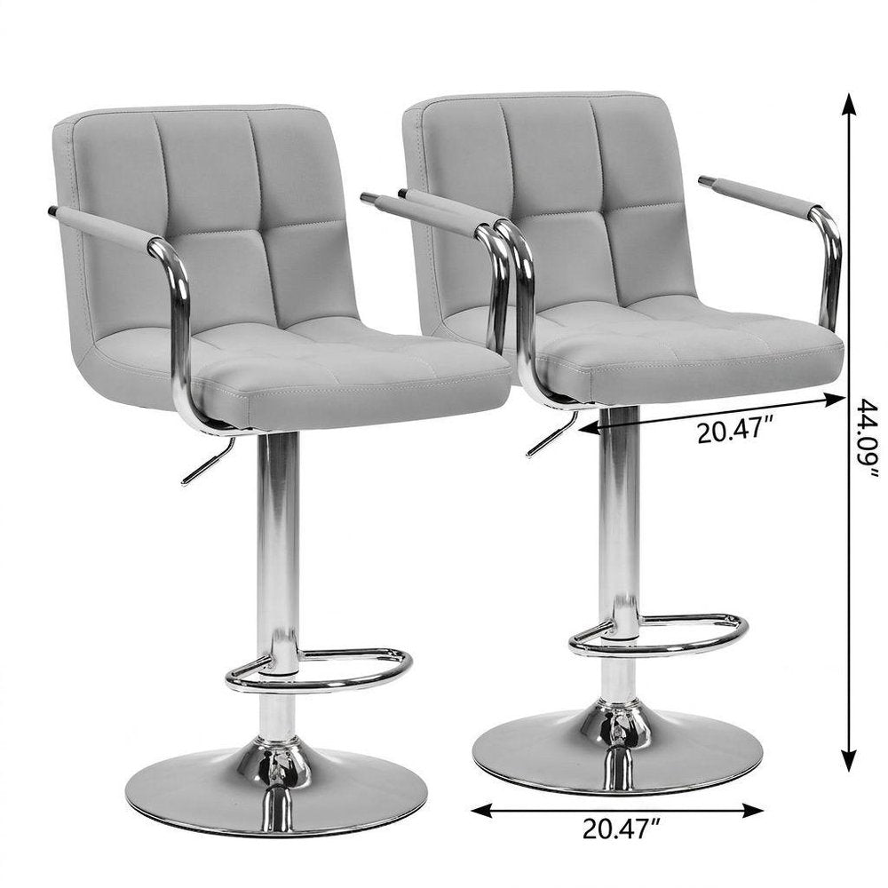 Set of Two Black and Silver Faux Leather and Aluminum Adjustable Height Swivel Bar Chairs