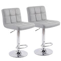 Set of Two Gray And Silver Faux Leather And Steel Low Back Adjustable Height Swivel Bar Chairs on a white background
