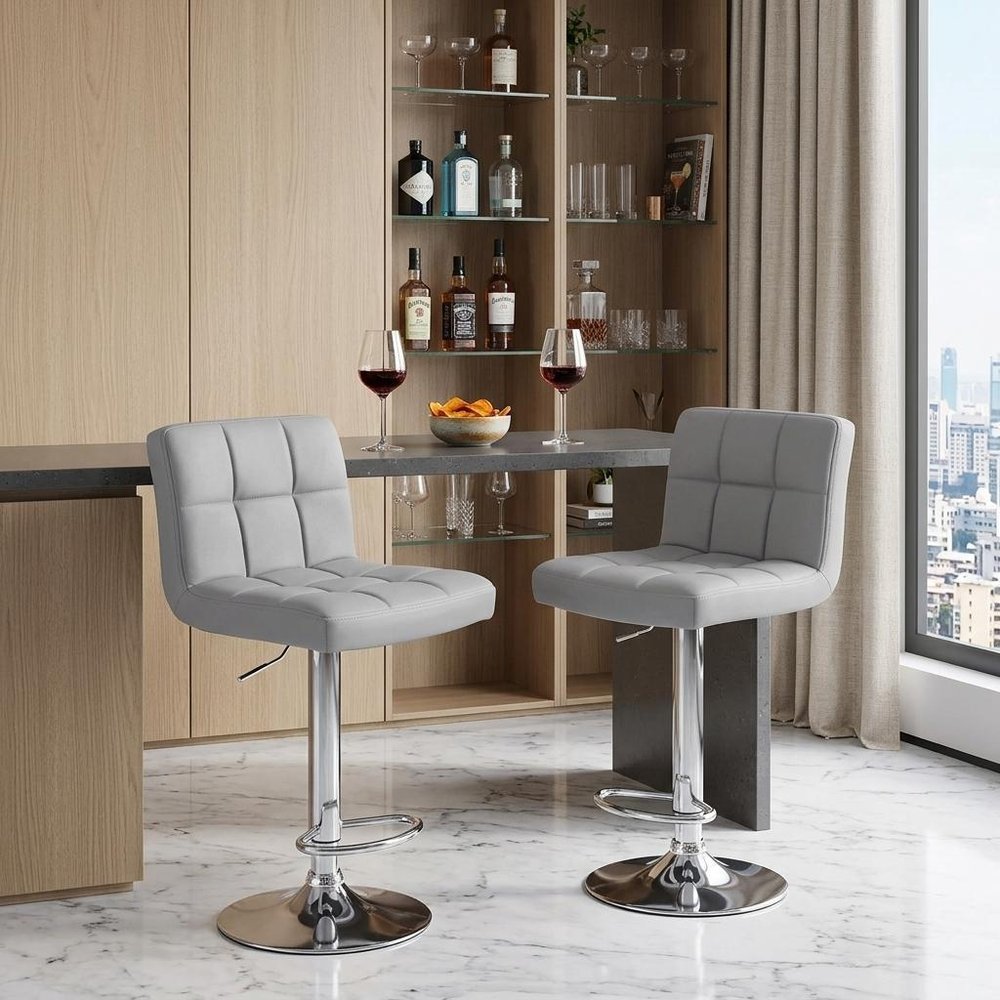 Set of Two Gray and Silver Faux Leather and Steel Adjustable Height Swivel Bar Chairs