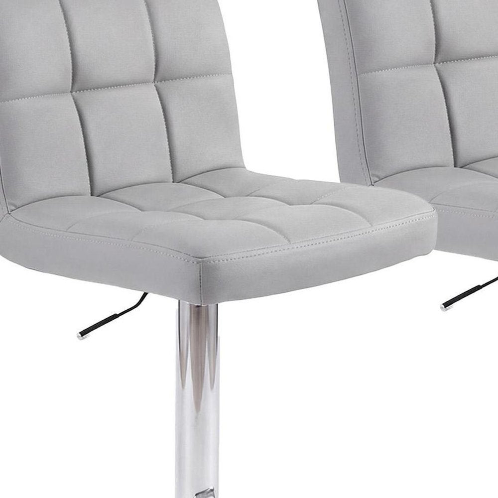 Set of Two Gray and Silver Faux Leather and Steel Adjustable Height Swivel Bar Chairs