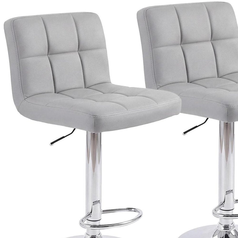 Set of Two Gray and Silver Faux Leather and Steel Adjustable Height Swivel Bar Chairs
