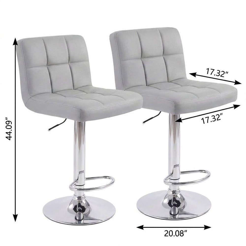 Set of Two Gray and Silver Faux Leather and Steel Adjustable Height Swivel Bar Chairs