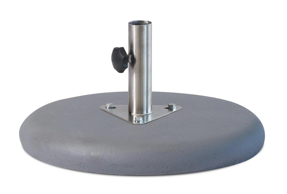 Round charcoal concrete umbrella base with a silver metal pole and black knob, on a white background.