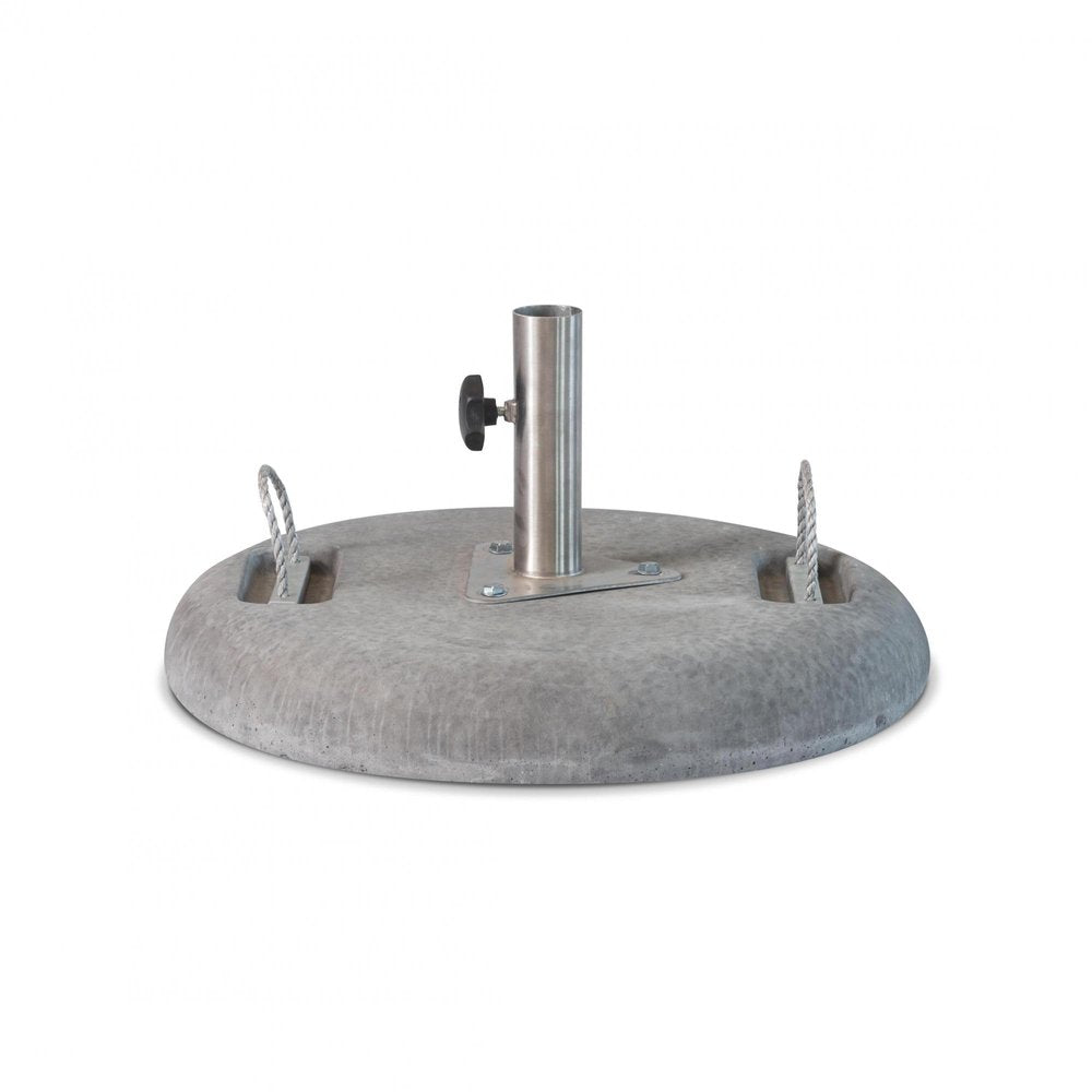 Round charcoal concrete umbrella base with silver metal pole and two rope handles on a white background.