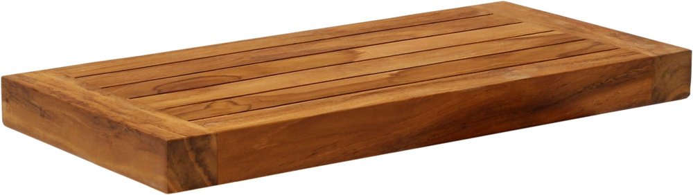 Brown solid wood floating shelf with slatted top and visible wood grain, isolated on a white background.