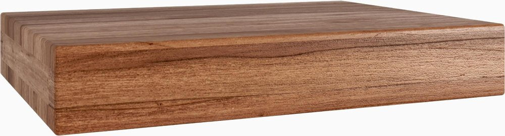 Brown solid wood floating shelf with a natural wood grain finish on a white background.
