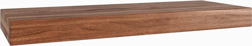 Brown solid wood floating shelf with a visible wood grain texture against a white background.