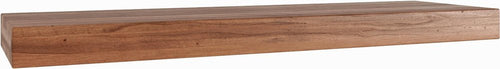 Brown solid wood floating shelf against a white background.