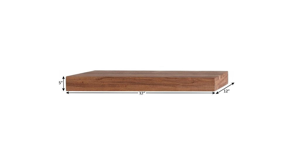 30" Brown Solid Wood Wall Mounted Floating Shelf. Wall mounted shelve isolated on a plain white background, in a brown wood finish.