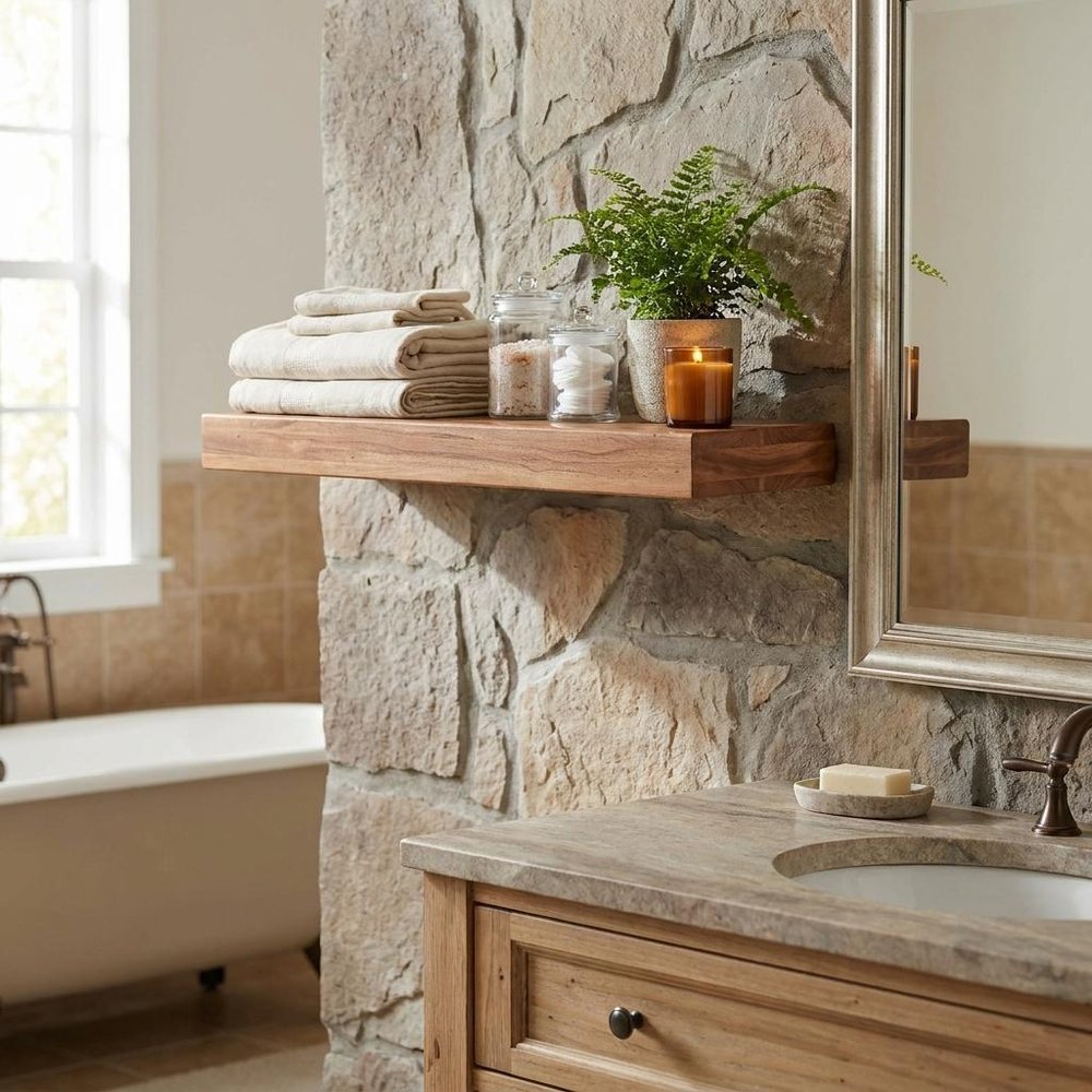 30" Brown Solid Wood Wall Mounted Floating Shelf. Wall mounted shelve in brown wood.