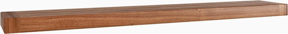 Brown solid wood floating shelf with a natural finish on a white background.