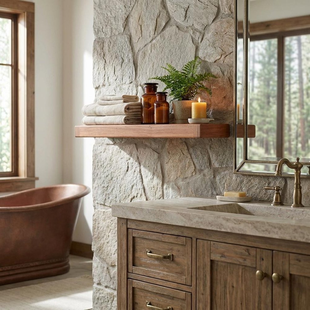 36" Brown Solid Wood Wall Mounted Floating Shelf styled in a furnished interior with a tan wall on a dark wood floor.