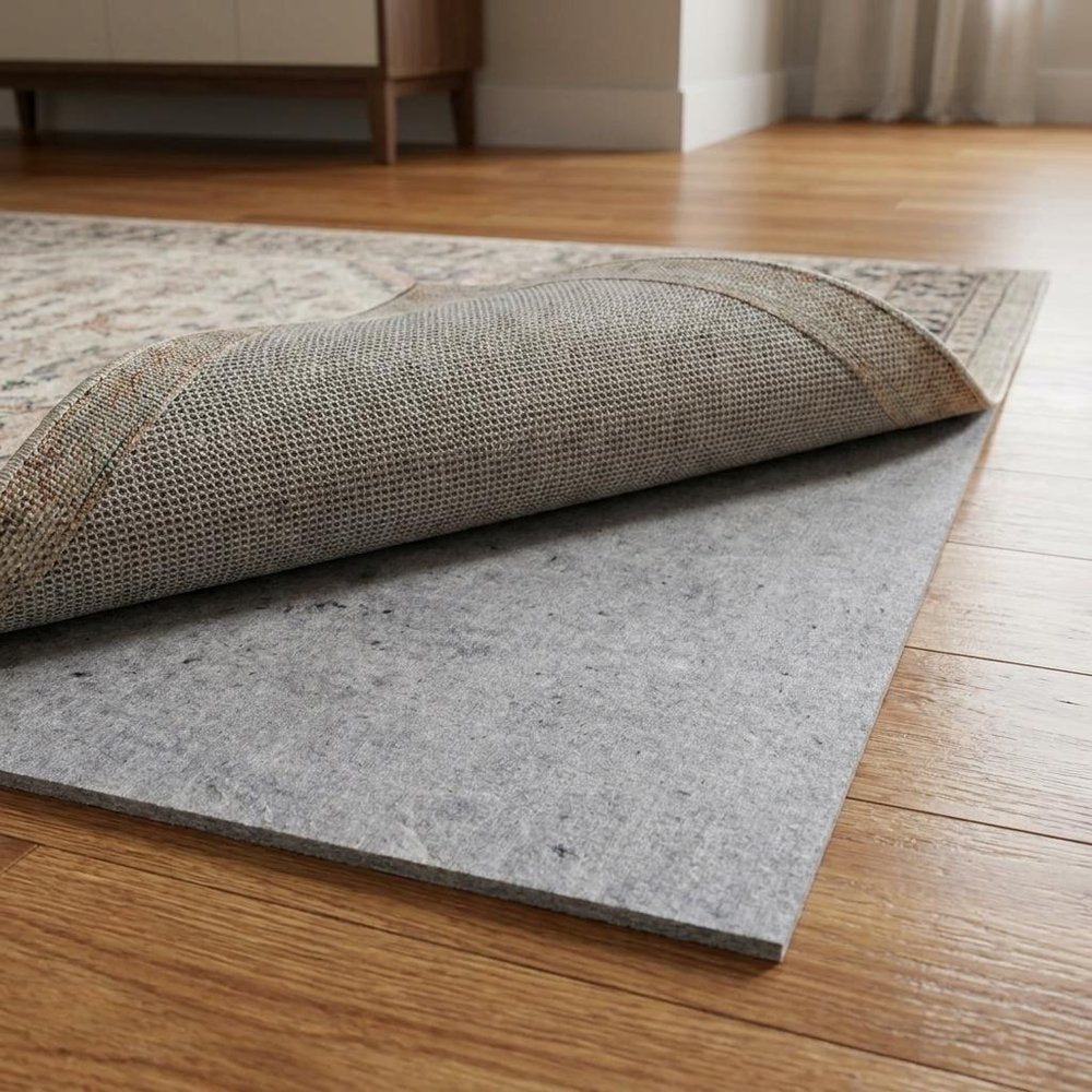 9' x 12' Gray And Black Non Slip Rug Pad in a home interior